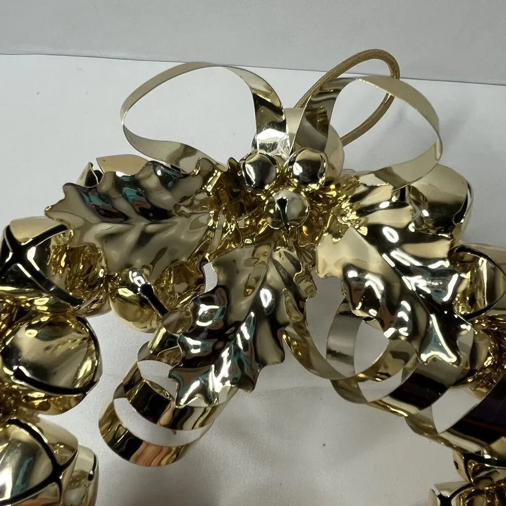 Christmas Gold Metal Holly Leaves Jingle Bells Wreath 9”